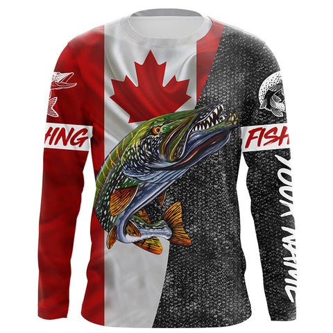 MaxCorners Northern Pike Fishing Canadian Flag Customized Name 3D Long Sleeve Shirt