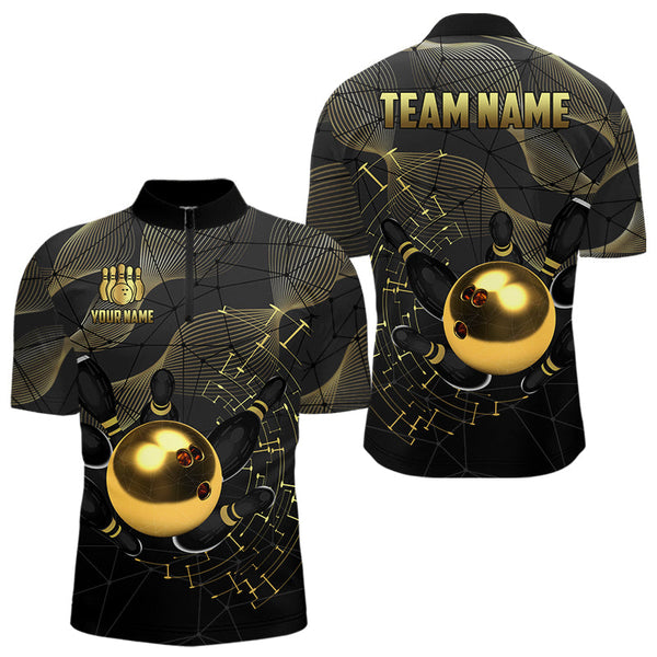 Maxcorners Personalized Black And Gold Bowling Polo, Quarter Zip Shirts For Men Custom Bowling Team League Jersey LM113