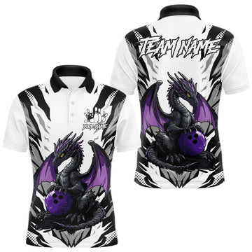 Maxcorners Black and White Bowling Polo, Quarter Zip Shirts For Men Custom Purple Dragon Bowling Team Jerseys