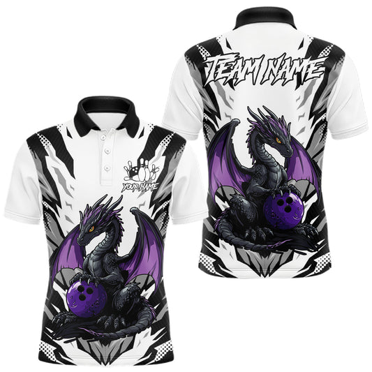 Maxcorners Black and White Bowling Polo, Quarter Zip Shirts For Men Custom Purple Dragon Bowling Team Jerseys