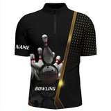 MaxCorners Bowling Ball And Pins Black And Gold Pattern  Customized Name, Team Name 3D Stand Collar Zipper Polo Shirt