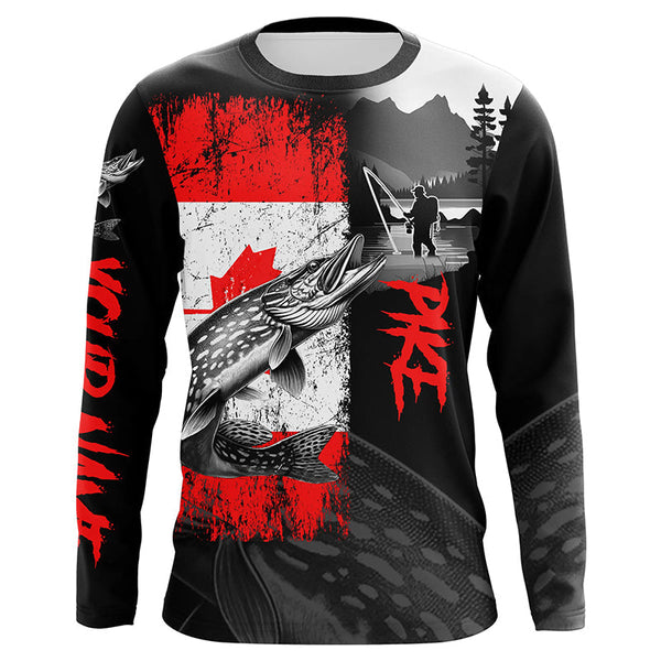 Maxcorners Canadian Flag Northern Pike Fishing Custom long sleeve performance Fishing Shirt, Pike fishing jerseys MT2108