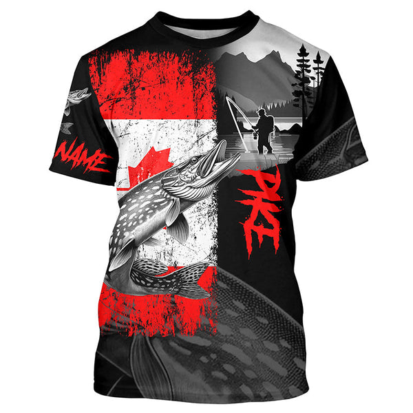 Maxcorners Canadian Flag Northern Pike Fishing Custom long sleeve performance Fishing Shirt, Pike fishing jerseys MT2108