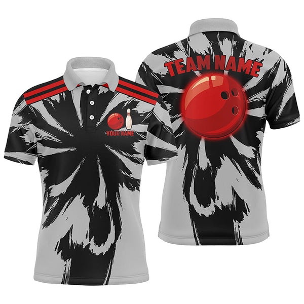 Maxcorners Bowling Ball And Pins Black And Gray Pattern Customized Name, Team Name 3D Polo Shirt Unisex