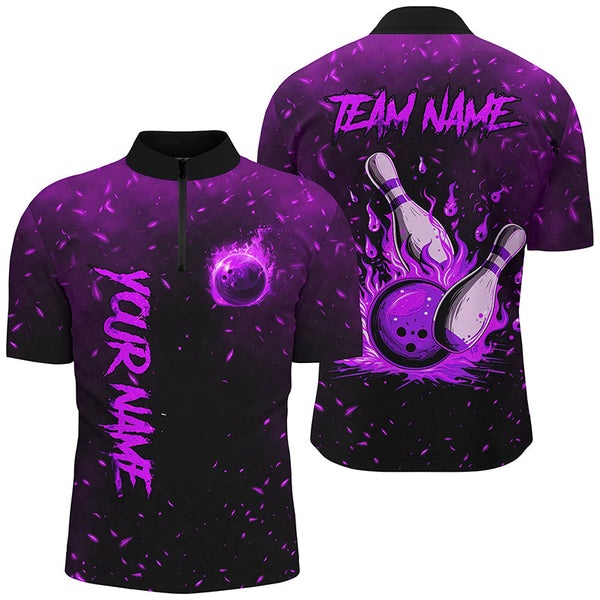 Maxcorners Purple Flame Bowling Jerseys Custom Bowling Polo, Quarter-Zip Shirt for Team, Gift for Bowler