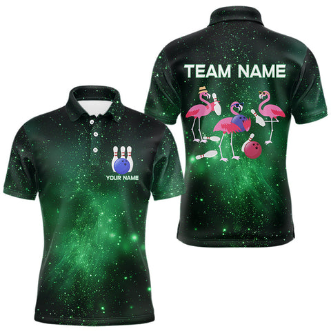 Maxcorners Funny Flamingo Team bowling shirts for Men custom Green Galaxy pattern bowling jerseys for bowlers LM1610