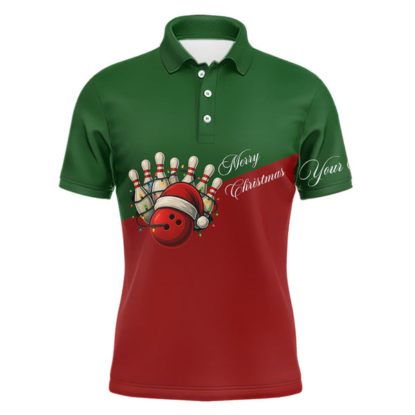 Maxcorners Red and Green Christmas Bowling Polo, Quarter Zip Shirts For Men custom mens bowling jerseys TU1011