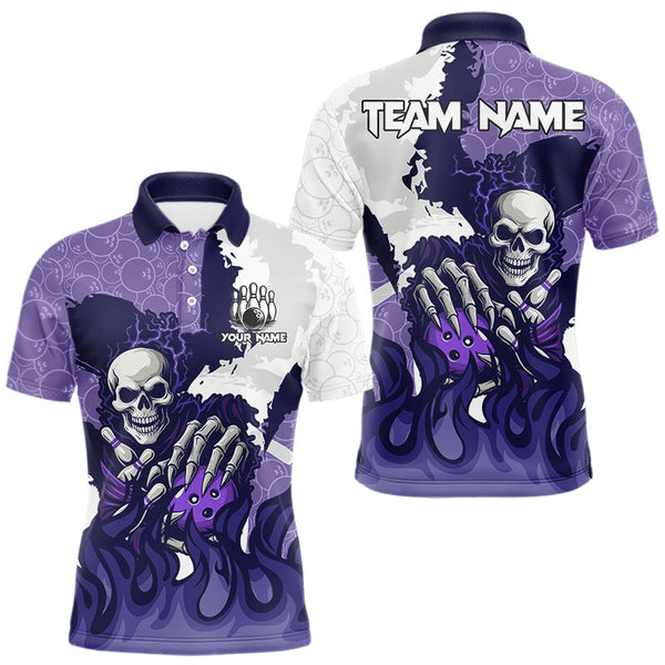 Maxcorners White and Purple Camo Flame Lightning Skull Bowling Shirts For Men Custom Bowling Team Jerseys TU1011