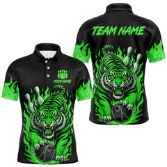 Maxcorners Black and Green Flame Tiger Bowling Polo, 1/4 Zip Shirts for Men Custom Team Tiger Bowling Jersey