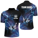 MaxCorners Bowling And Pins Blue Lightning Thunder Customized Name, Team Name 3D Stand Collar Zipper Polo Shirt For Men