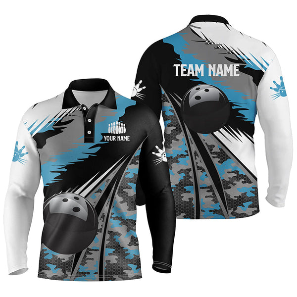 Maxcorners Black Ball Blue Camo Bowling Customized Name And Team Name 3D Shirt