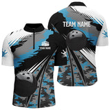 MaxCorners Bowling Ball And Pins Black Ball Blue Camo Customized Name, Team Name 3D Stand Collar Zipper Polo Shirt