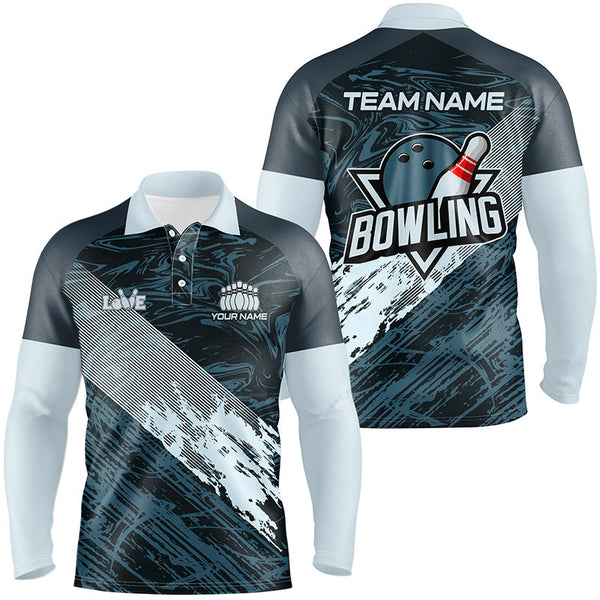 Maxcorners Blue Camo Bowling Ball And Pins Custom For Men Bowling Polo Shirts, Gift For Team Bowlers