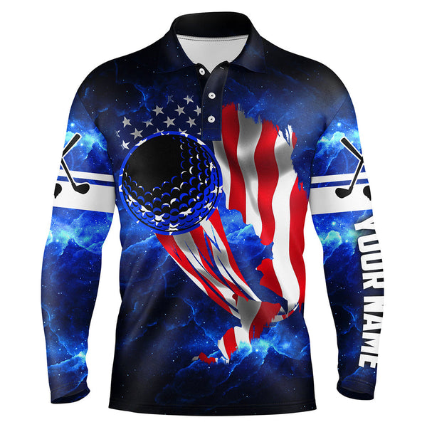 Maxcorner Customized Name Golf Ball Blue Galaxy Universe US Flag 3D Polo Shirt