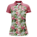 Maxcorners Women Golf Polo Shirt Pink Tropical Flower Leaves Custom Name Pink Golf Polo Shirts