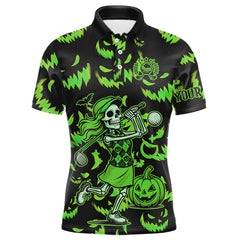 Maxcorners Green and Black Halloween Pattern Funny Skull Golf polo shirt for men Custom Halloween Mens golf top MT1309