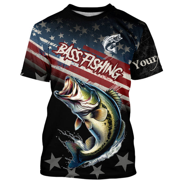 Maxcorners Largemouth Bass Fishing American Flag Custom black camo patriotic fishing long sleeve shirts MT2108