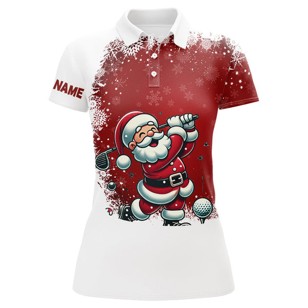 Maxcorners Red and White Christmas pattern Santa Golfer Women golf polo shirt custom golf shirt for ladies