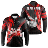 Maxcorners Black And Red Light Hexagon Pattern Bowling Polo, Quarter Zip Shirt For Men Custom Team Bowling Jersey