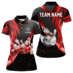 Maxcorners Black And Red Light Hexagon Pattern Bowling Polo, Quarter Zip Shirt For Men Custom Team Bowling Jersey
