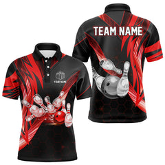 Maxcorners Black And Red Light Hexagon Pattern Bowling Polo, Quarter Zip Shirt For Men Custom Team Bowling Jersey