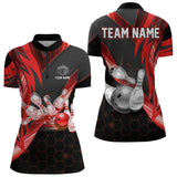 Maxcorners Black And Red Light Hexagon Pattern Bowling Polo, Quarter Zip Shirt For Men Custom Team Bowling Jersey