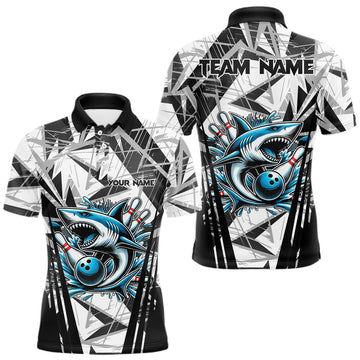 Maxcorners Black and White Camo Shark Bowling Team Shirts For Men Custom Shark Bowling Polo, Quarter Zip Shirt