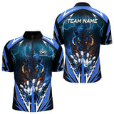 Maxcorners Blue Lightning Thunder Tiger Mens Bowling Polo, Quarter Zip Shirts Custom Bowler Jersey Bowling Outfit LM123