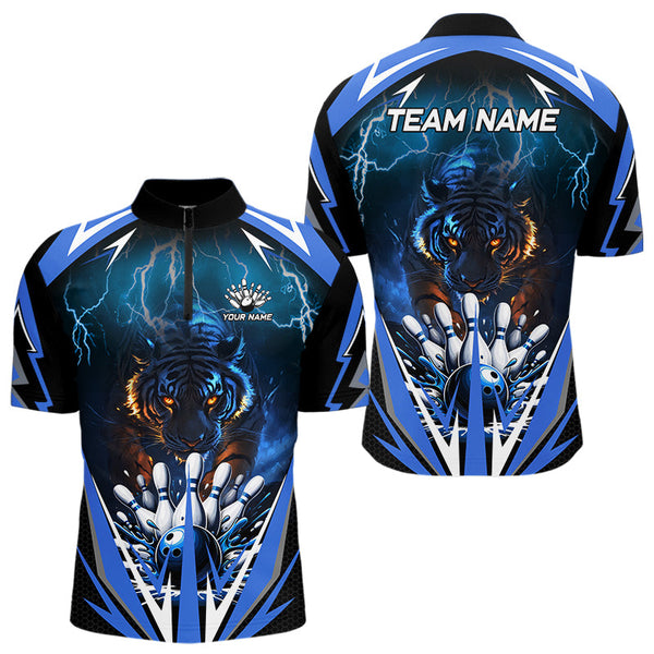 Maxcorners Blue Lightning Thunder Tiger Mens Bowling Polo, Quarter Zip Shirts Custom Bowler Jersey Bowling Outfit LM123