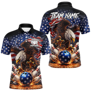 Maxcorners American Flag Flame Eagle Bowling Polo, 1/4 Zip Shirts For Men Custom Patriotic Bowling Team Jerseys