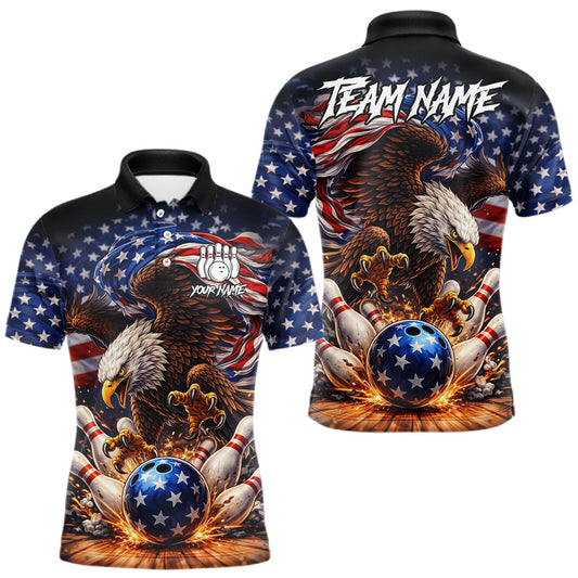 Maxcorners American Flag Flame Eagle Bowling Polo, 1/4 Zip Shirts For Men Custom Patriotic Bowling Team Jerseys