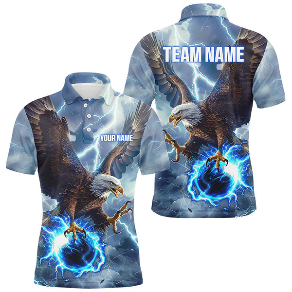 Maxcorners Blue Lightning Thunder Bowling Eagle Custom Men Bowling Polo Shirts, Gift For Team Bowlers