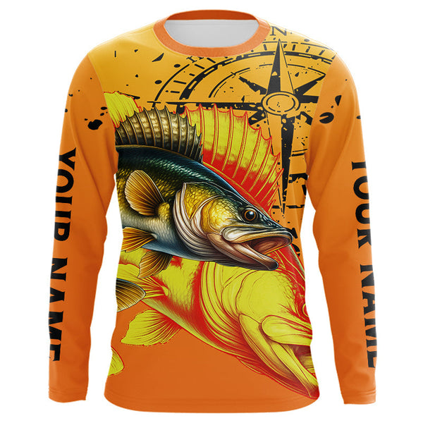 Maxcorners Custom Walleye Compass Long Sleeve Fishing Shirts, Personalized Walleye Fishing Jersey | Orange MT2108