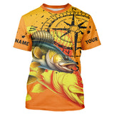 Maxcorners Custom Walleye Compass Long Sleeve Fishing Shirts, Personalized Walleye Fishing Jersey | Orange MT2108