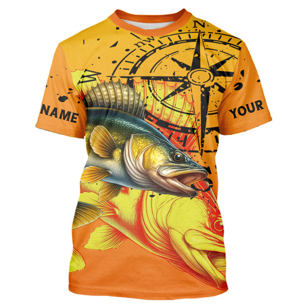Maxcorners Custom Walleye Compass Long Sleeve Fishing Shirts, Personalized Walleye Fishing Jersey | Orange MT2108