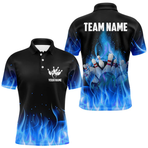 Maxcorners Personalized Mens Bowling Shirt Blue flame Bowling Ball and Pins Team bowling jerseys for men Bowler MT1408