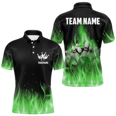 Maxcorners Personalized Mens Bowling Shirt Green flame Bowling Ball and Pins Team bowling jerseys for men Bowler MT1408