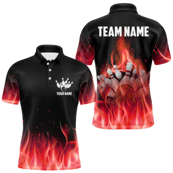 Maxcorners Personalized Mens Bowling Shirt Red flame Bowling Ball and Pins Team bowling jerseys for men Bowler MT1408