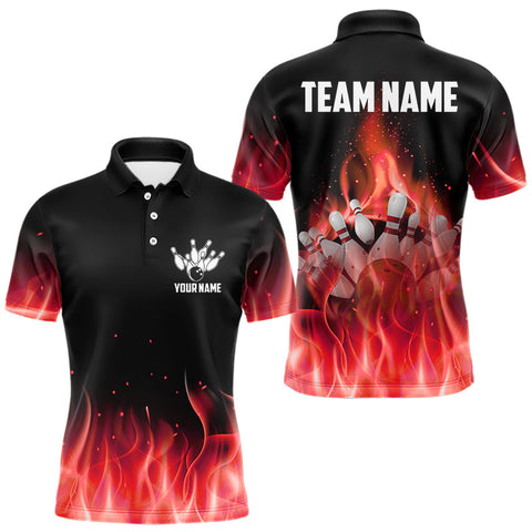 Maxcorners Personalized Mens Bowling Shirt Red flame Bowling Ball and Pins Team bowling jerseys for men Bowler MT1408