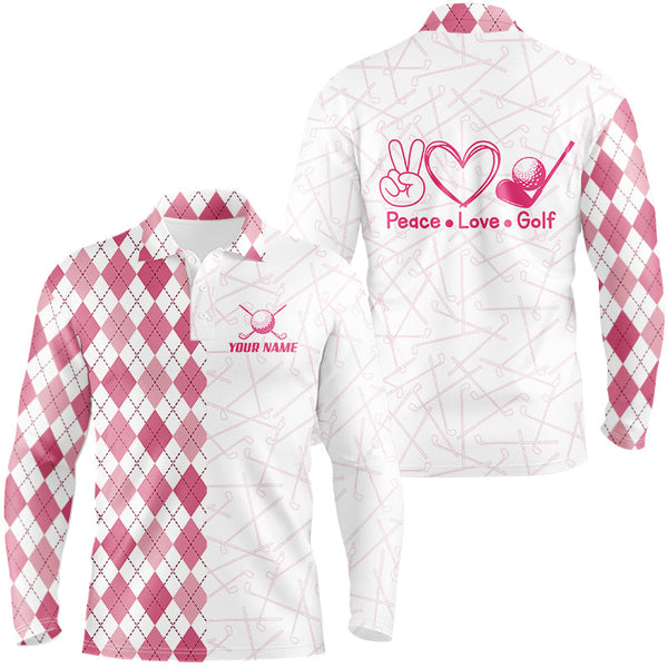 Maxcorners Pink argyle pattern Mens golf polo shirts custom peace love golf team jerseys, golf attire for men