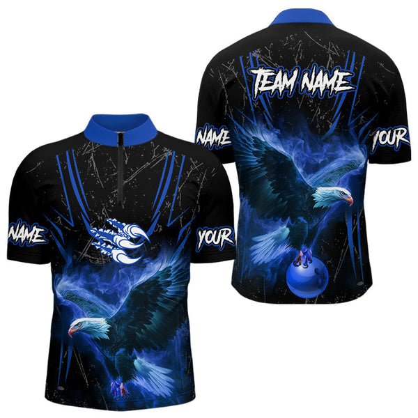 Maxcorners Black and Blue Flame Eagle Bowling Shirt For Men Custom Team Name Bowling Jerseys For Bowlers MT1309