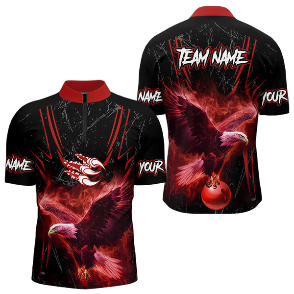 Maxcorners Black and Red Flame Eagle Bowling Shirt For Men Custom Team Name Bowling Jerseys For Bowlers MT1309