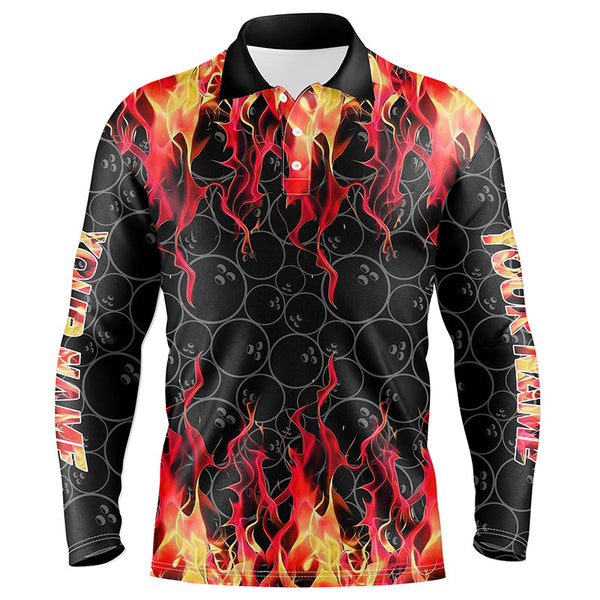 Maxcorners Black And Red Flame Ball Pattern Bowling Jersey Customized Name, Team Name 3D Shirt Unisex