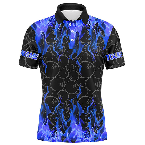 Maxcorners Black And Blue Flame Ball Pattern Bowling Jersey Customized Name, Team Name 3D Shirt Unisex