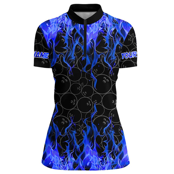 Maxcorners Black and Blue Flame camo Womens bowling shirts Custom Flame Bowling Shirt Team Bowling Jersey