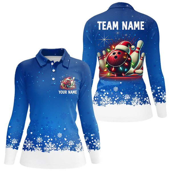 Maxcorners Christmas bowling Polo, Quarter Zip shirts For Women Custom Xmas Team Bowling Jerseys | Blue