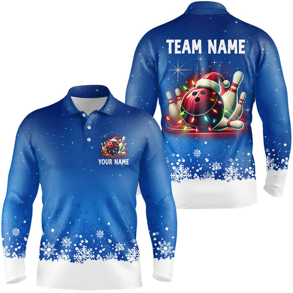 Maxcorners Christmas bowling Polo, Quarter Zip shirts For Men Custom Xmas Team Bowling Jerseys | Blue