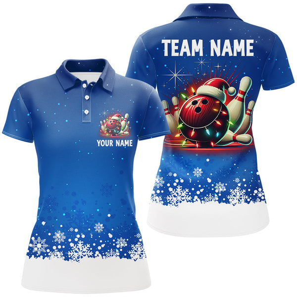 Maxcorners Christmas bowling Polo, Quarter Zip shirts For Women Custom Xmas Team Bowling Jerseys | Blue