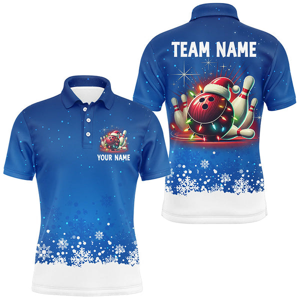 Maxcorners Christmas bowling Polo, Quarter Zip shirts For Men Custom Xmas Team Bowling Jerseys | Blue