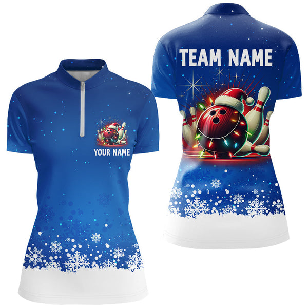 Maxcorners Christmas bowling Polo, Quarter Zip shirts For Women Custom Xmas Team Bowling Jerseys | Blue